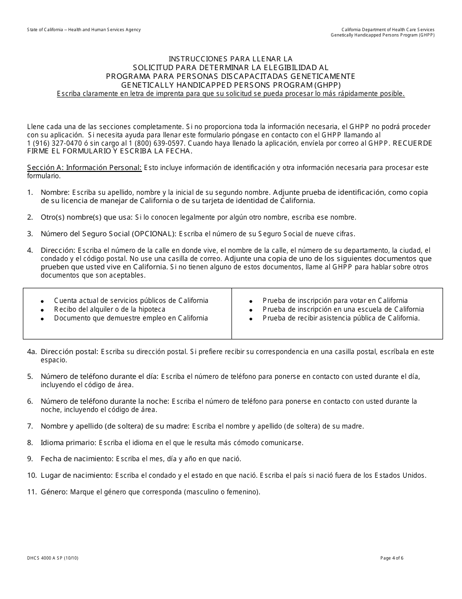 Formulario DHCS4000 A SP Programa Para Personas Discapacitadas Geneticamente Genetically Handicapped Persons Program (Ghpp) Solicitud Para Determinar Elegibilidad - California (Spanish), Page 4