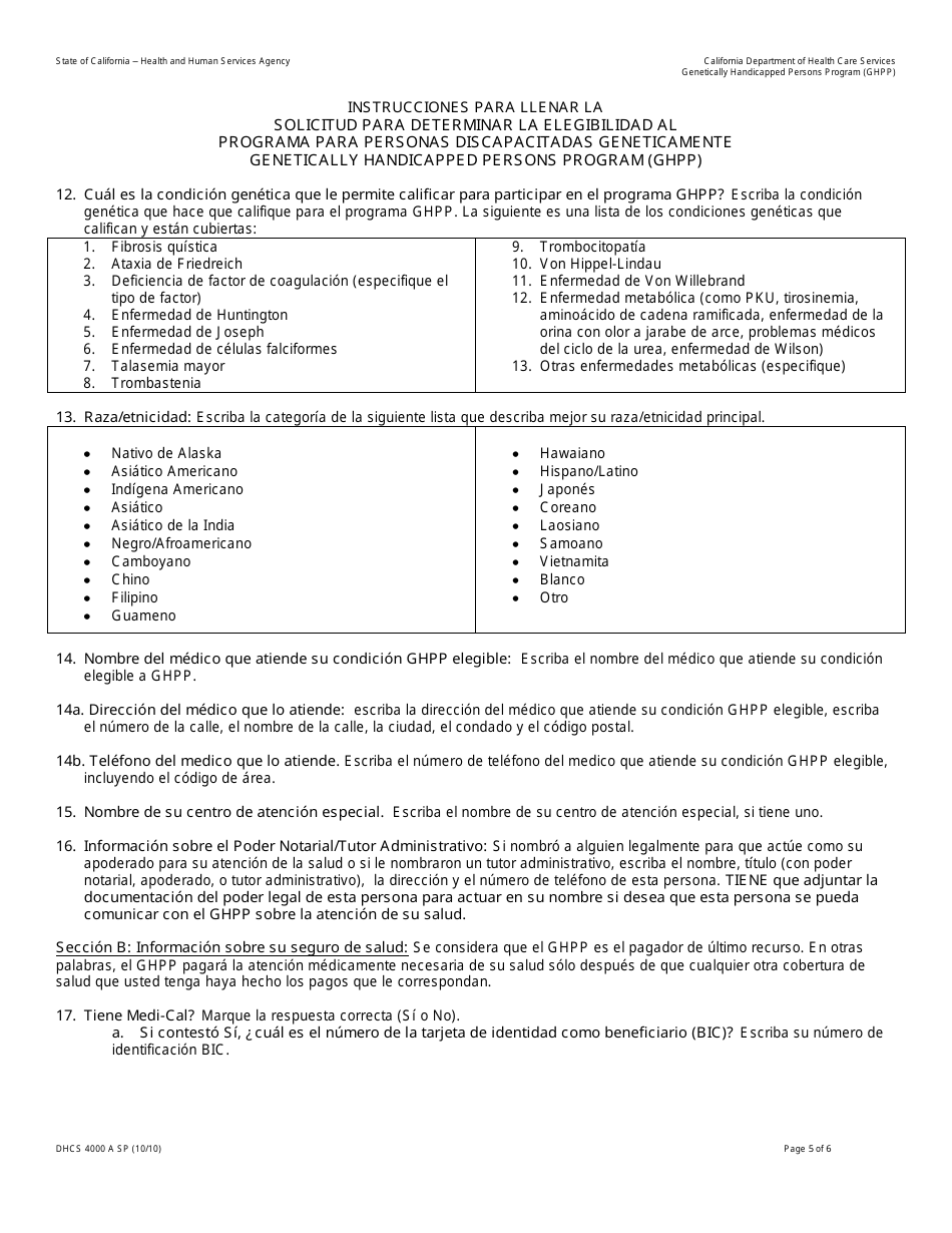 Formulario DHCS4000 A SP Programa Para Personas Discapacitadas Geneticamente Genetically Handicapped Persons Program (Ghpp) Solicitud Para Determinar Elegibilidad - California (Spanish), Page 5