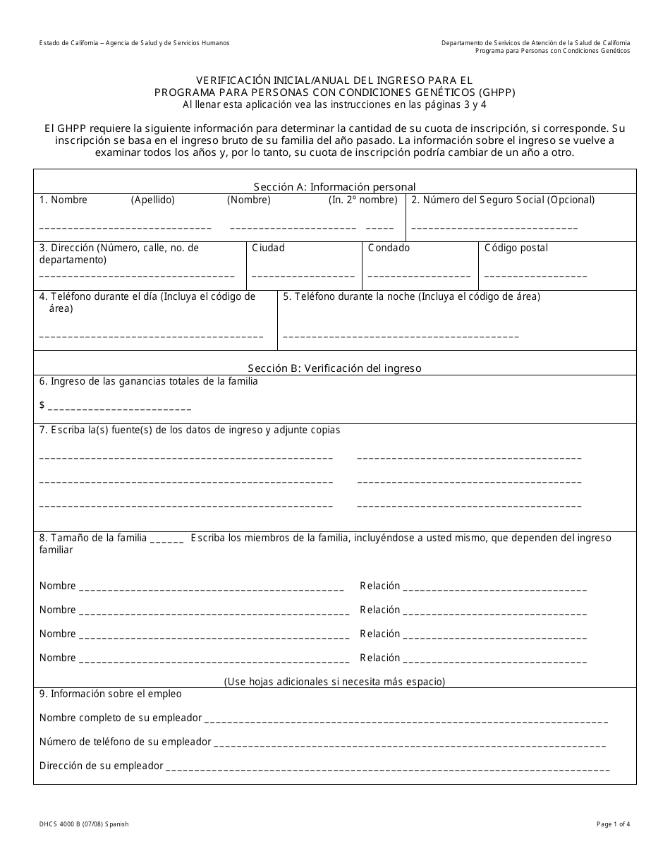 Formulario DHCS4000 A SP Programa Para Personas Discapacitadas Geneticamente Genetically Handicapped Persons Program (Ghpp) Solicitud Para Determinar Elegibilidad - California (Spanish), Page 7