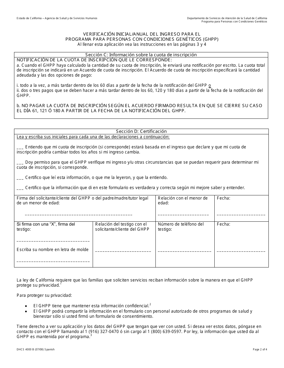 Formulario DHCS4000 A SP Programa Para Personas Discapacitadas Geneticamente Genetically Handicapped Persons Program (Ghpp) Solicitud Para Determinar Elegibilidad - California (Spanish), Page 8