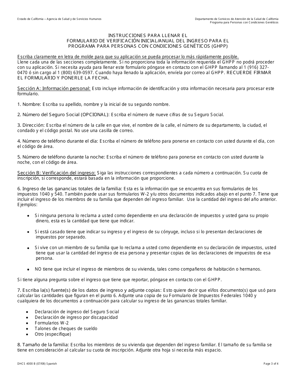 Formulario DHCS4000 A SP Programa Para Personas Discapacitadas Geneticamente Genetically Handicapped Persons Program (Ghpp) Solicitud Para Determinar Elegibilidad - California (Spanish), Page 9