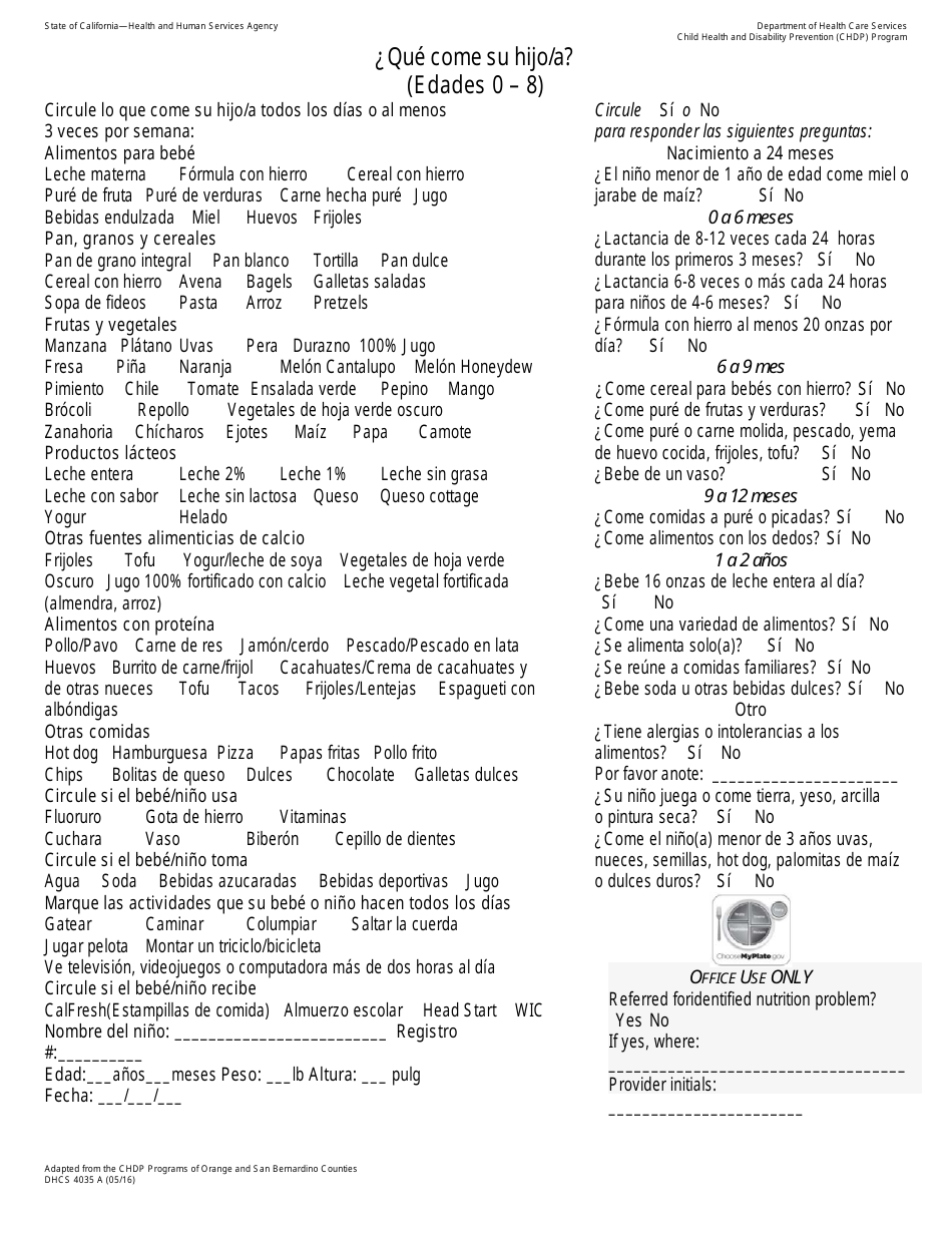 Formulario DHCS4035 A Nutrition Screening Form (Ages Birth to Eight) - California (Spanish), Page 1