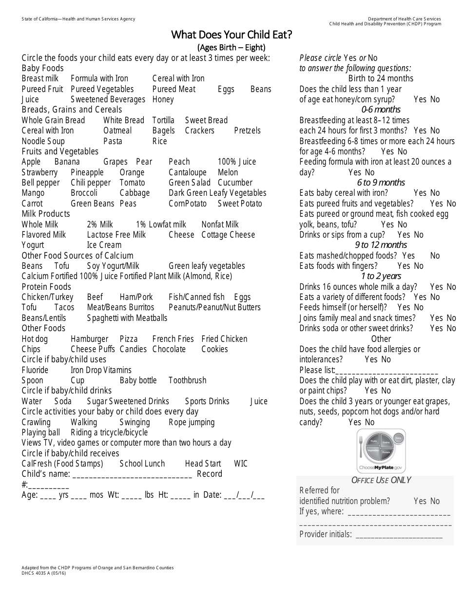 Form DHCS4035 A Nutrition Screening Form (Ages Birth - Eight) - California, Page 1