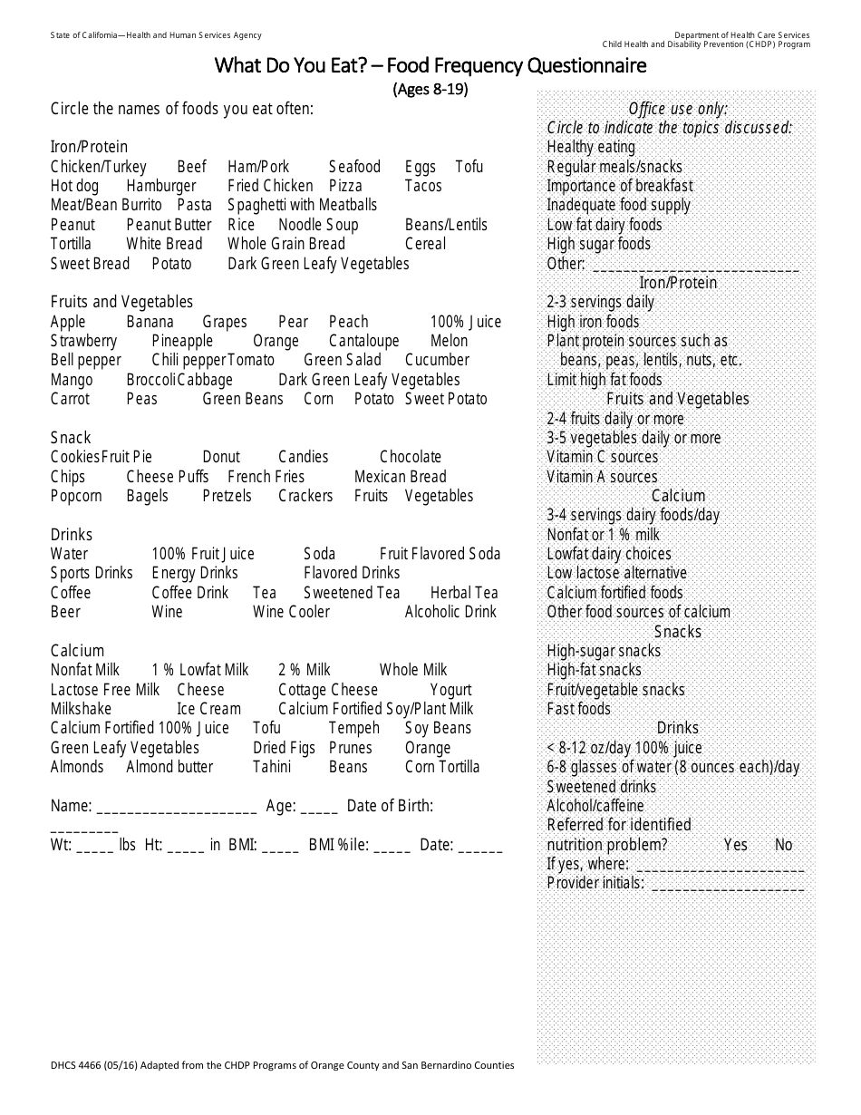 Form DHCS4466 Nutrition Screening Form - Food Frequency Questionaire - California, Page 1