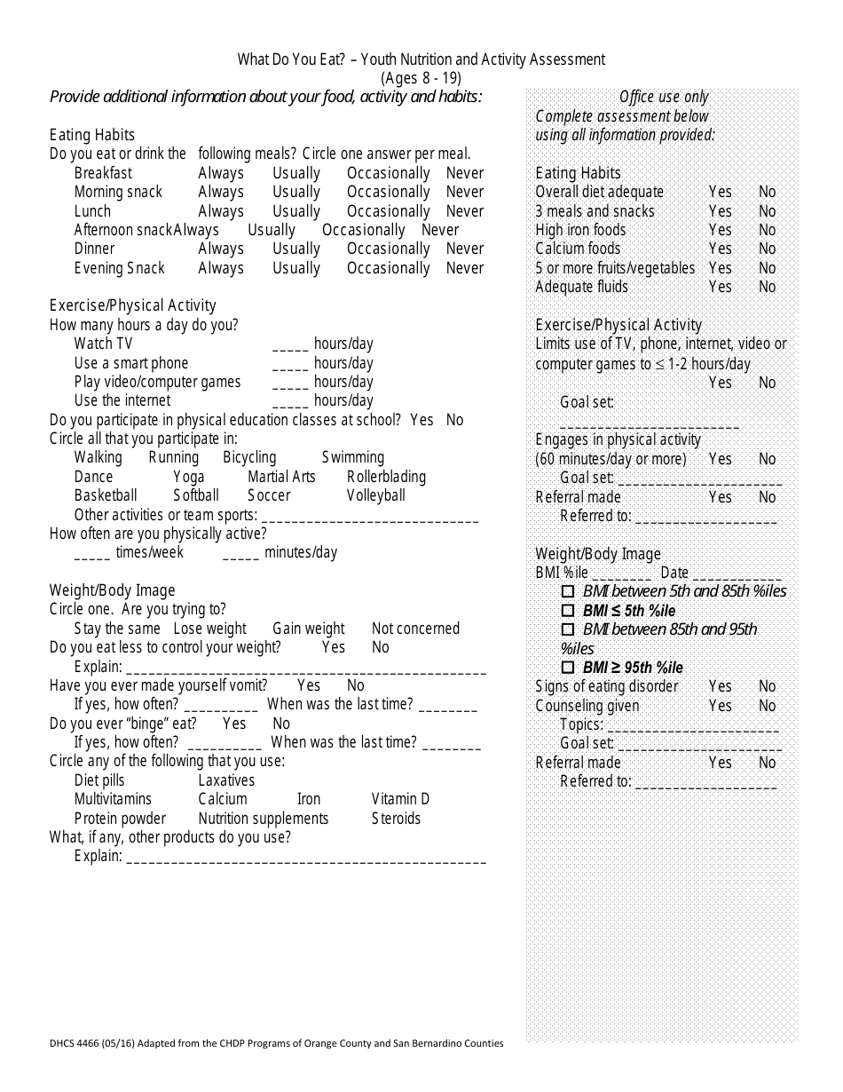 Form DHCS4466 Nutrition Screening Form - Food Frequency Questionaire - California, Page 2
