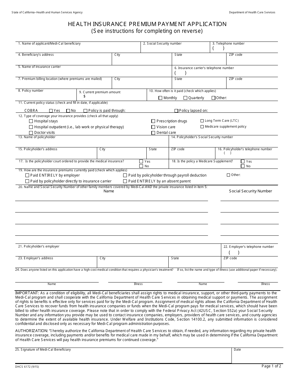 Form DHCS6172 Health Insurance Premium Payment Application - California, Page 1