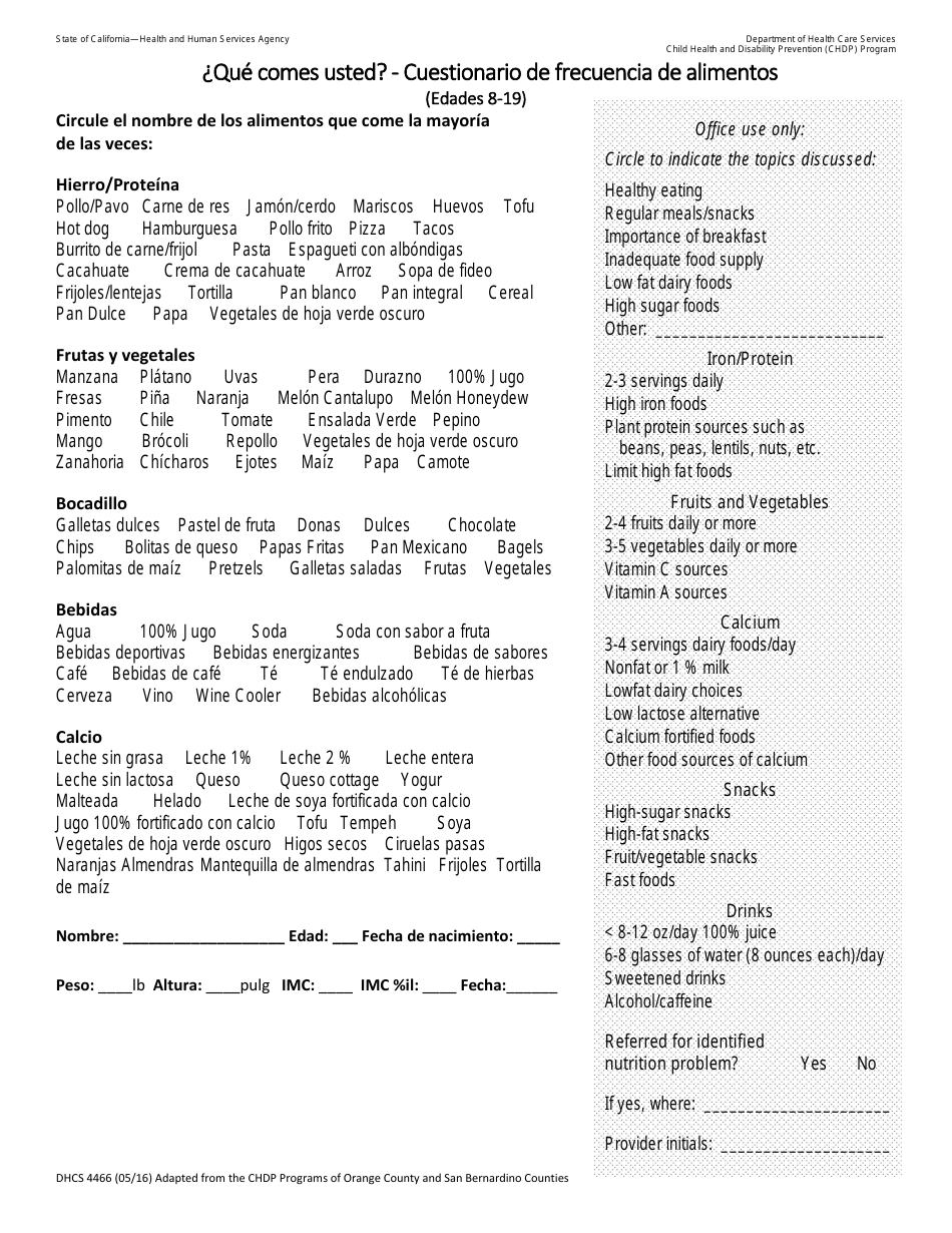 Formulario DHCS4466 Nutrition Screening Form (Ages 8 to 19) - Frequency Questionaire - California (Spanish), Page 1