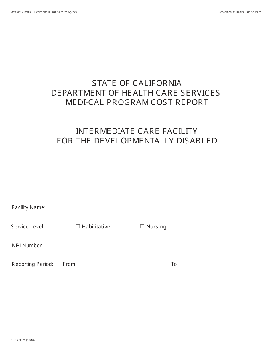 Form DHCS3076 Intermediate Care Facility for the Developmentally Disabled Habilitative / Nursing (Icf-Ddh / N) Cost Report - California, Page 1