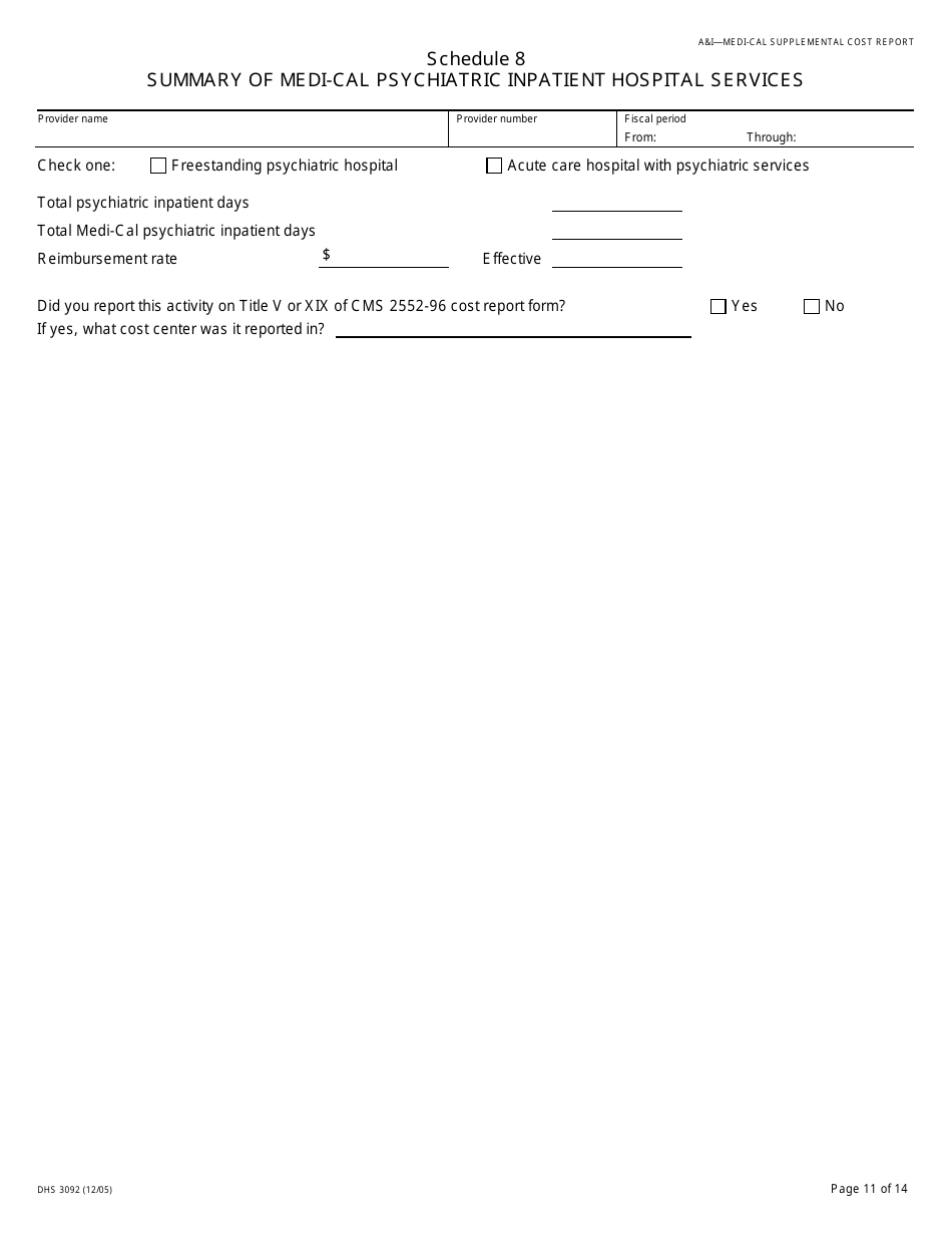Form DHCS3092 Medi-Cal Supplemental Cost Report Schedules - California, Page 11