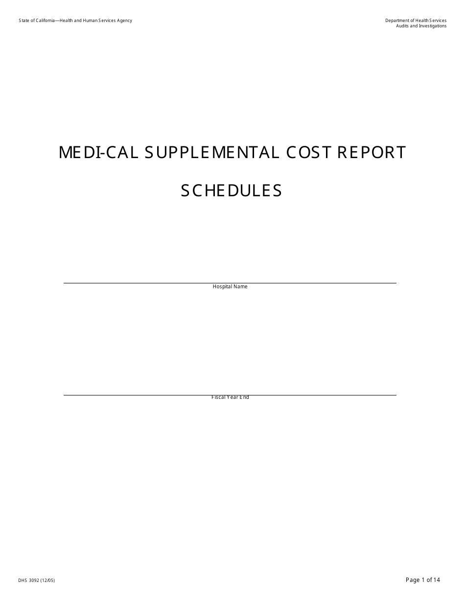 Form DHCS3092 Medi-Cal Supplemental Cost Report Schedules - California, Page 1