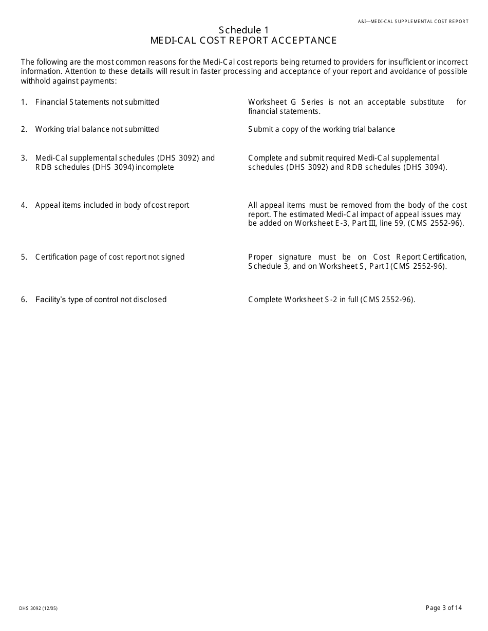 Form DHCS3092 Medi-Cal Supplemental Cost Report Schedules - California, Page 3