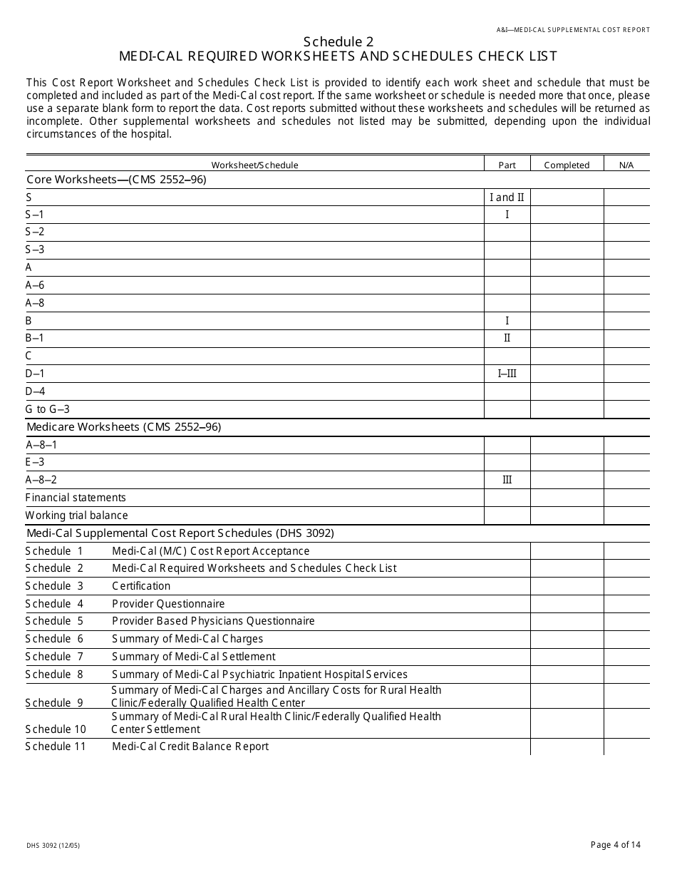 Form DHCS3092 Medi-Cal Supplemental Cost Report Schedules - California, Page 4