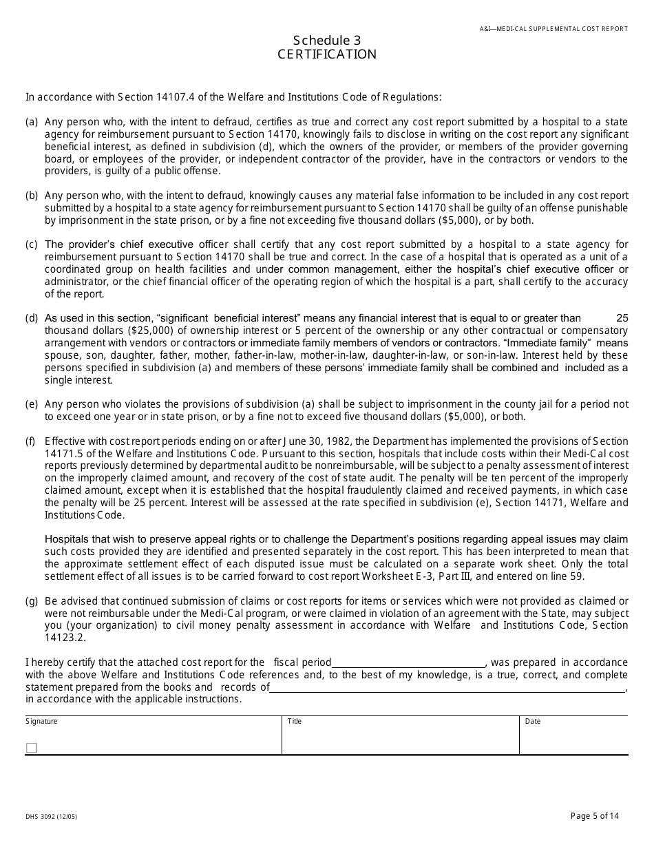 Form DHCS3092 Medi-Cal Supplemental Cost Report Schedules - California, Page 5