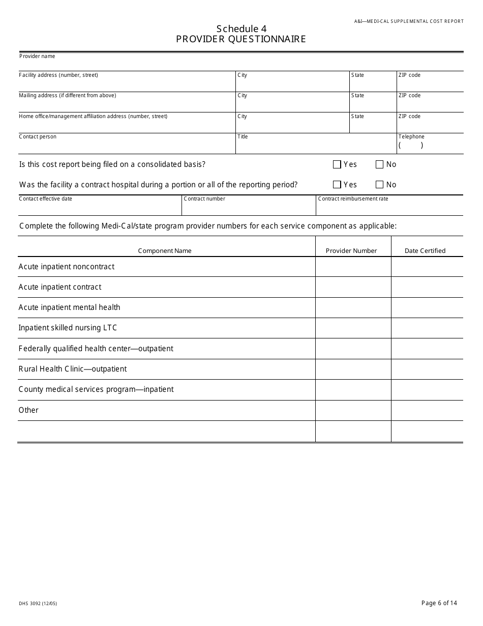 Form DHCS3092 Medi-Cal Supplemental Cost Report Schedules - California, Page 6