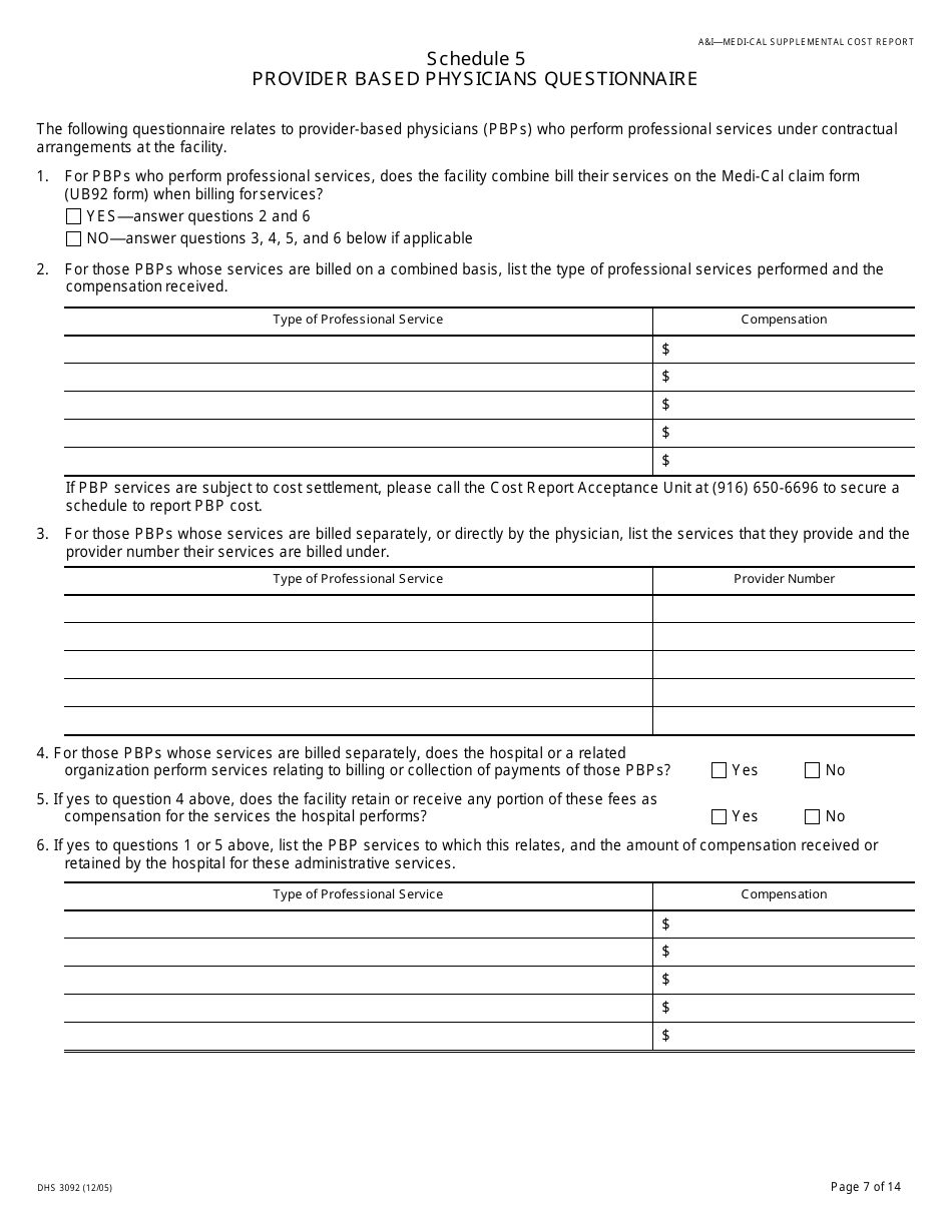 Form DHCS3092 Medi-Cal Supplemental Cost Report Schedules - California, Page 7