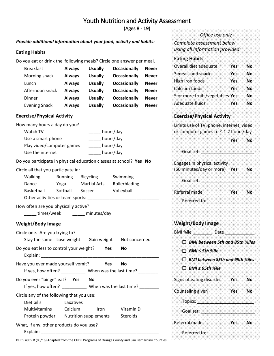 Form DHCS4035 B Youth Nutrition and Activity Assessment (Ages 8 - 19) - California, Page 1