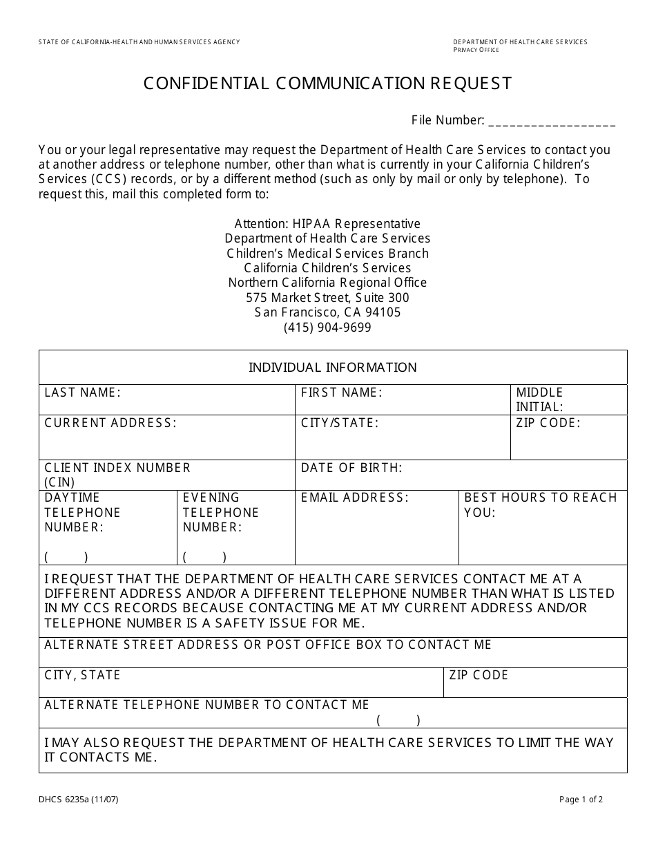 Form DHCS6235A Confidential Communication Request (Northern California Regional Office) - City and County of San Francisco, California, Page 1