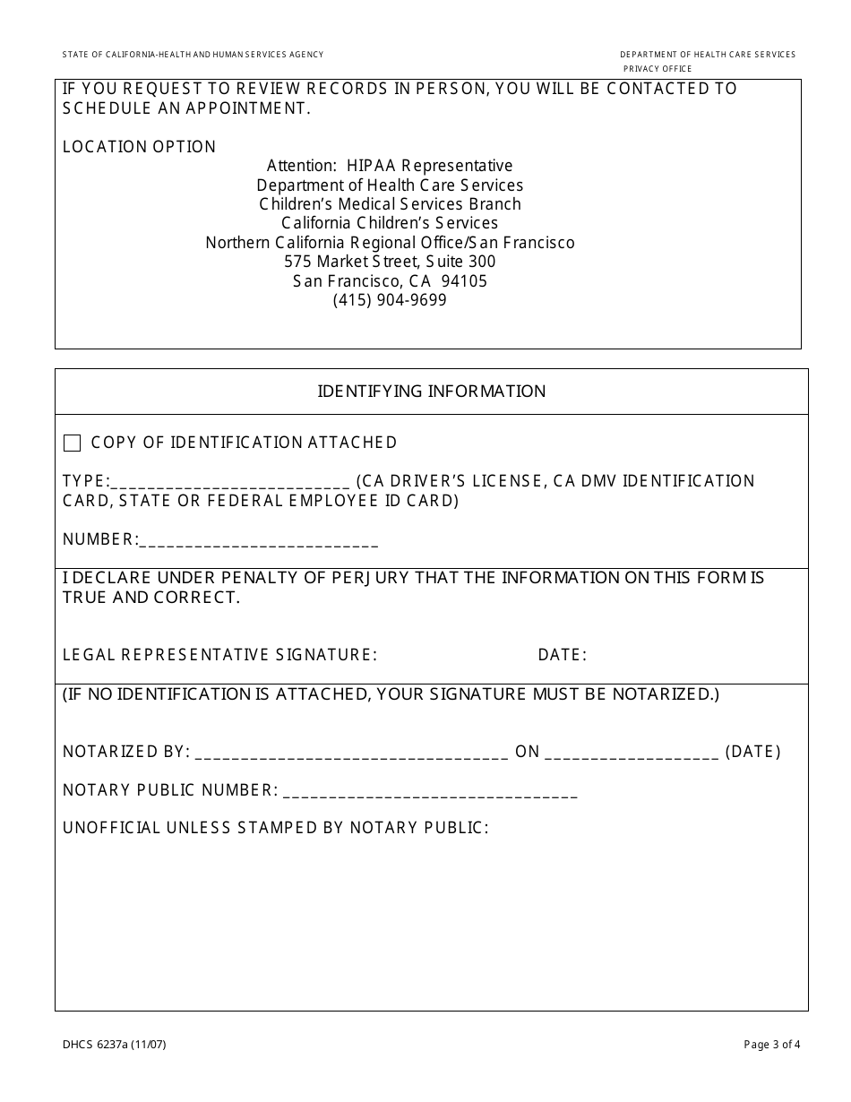 Form DHCS6237A Request to Access Protected Health Information by Parent, Guardian or Legal Representative (Northern California Regional Office / San Francisco) - City and County of San Francisco, California, Page 3