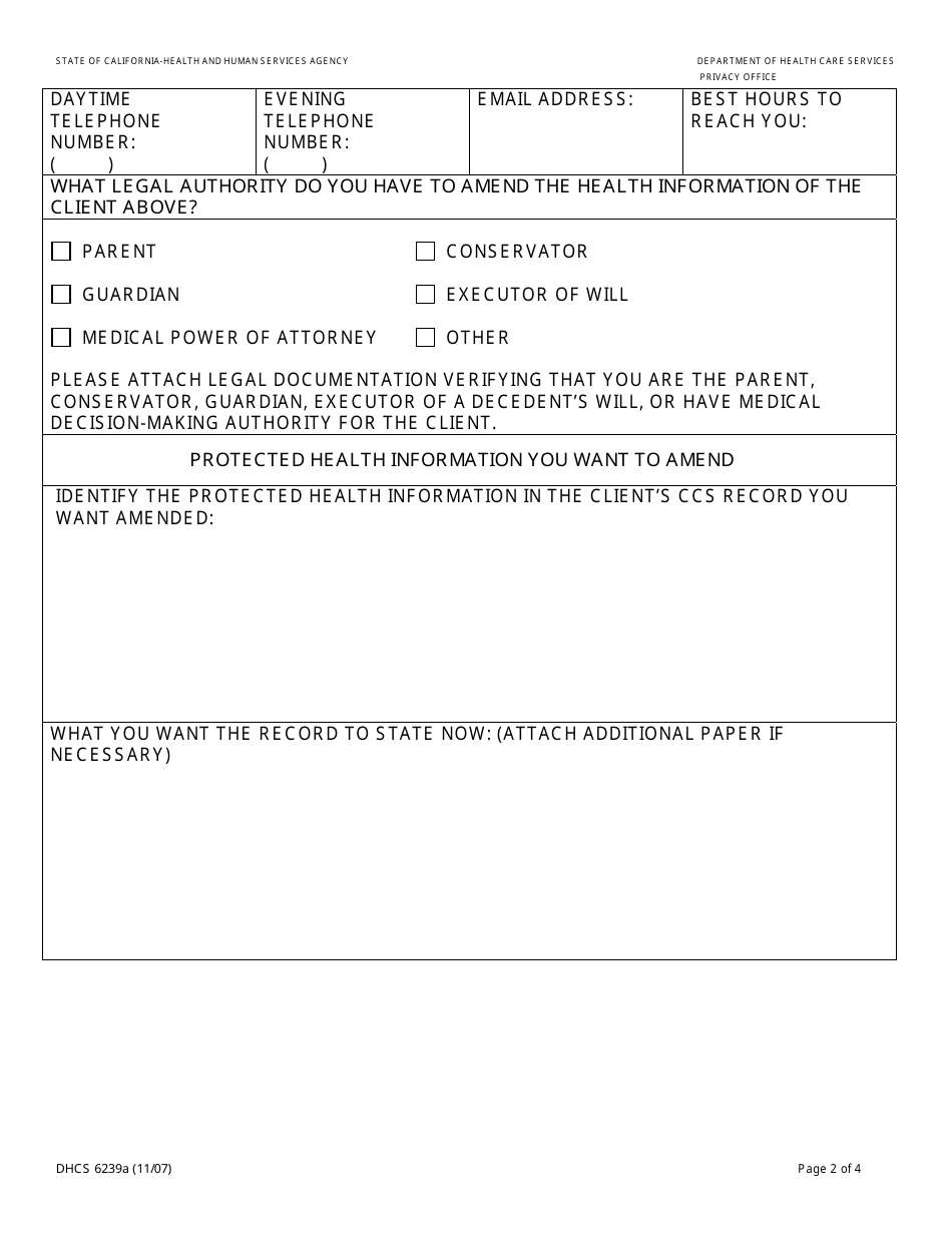 Form DHCS6239A Request to Amend Protected Health Information by Parent, Guardian or Legal Representative (Northern California Regional Office / San Francisco) - City and County of San Francisco, California, Page 2