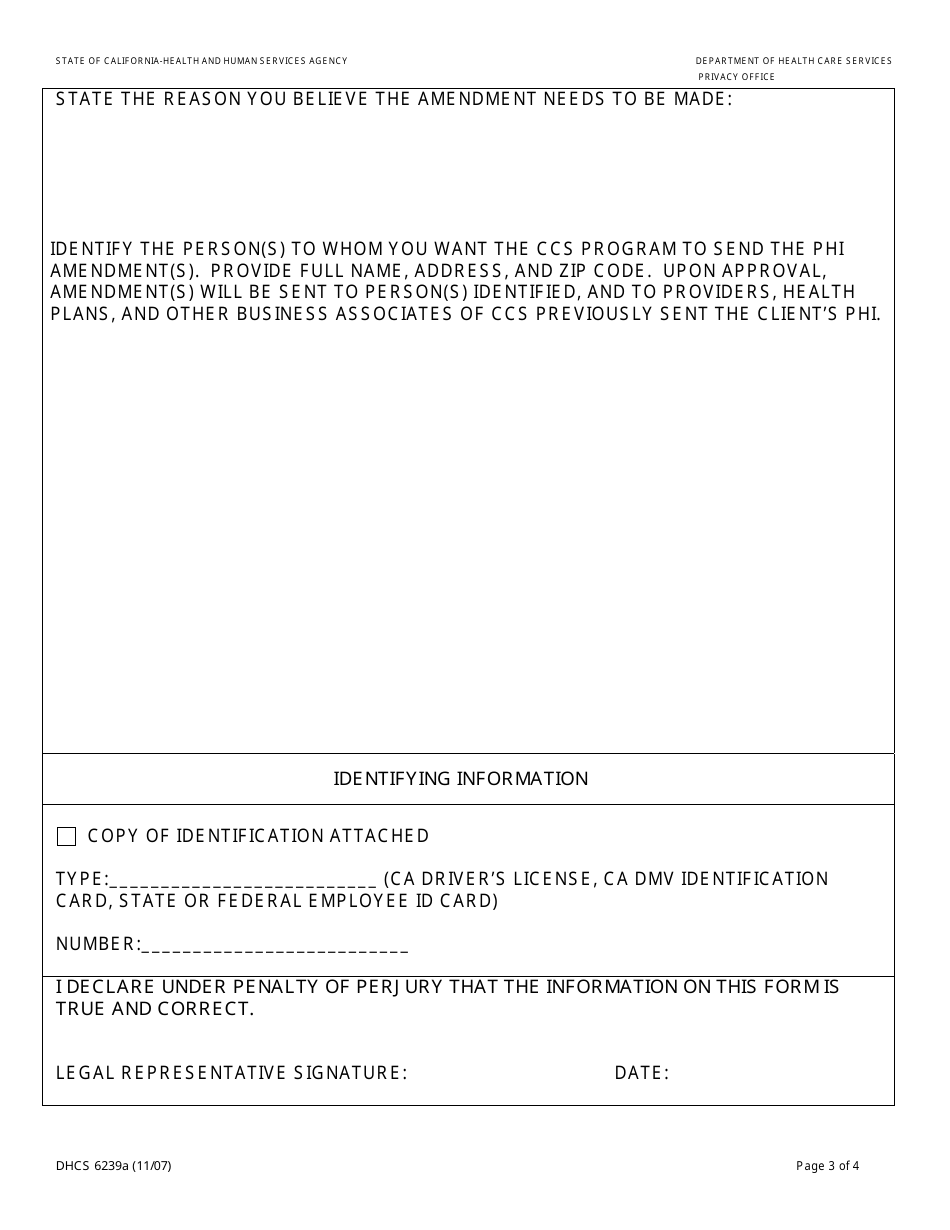 Form DHCS6239A Request to Amend Protected Health Information by Parent, Guardian or Legal Representative (Northern California Regional Office / San Francisco) - City and County of San Francisco, California, Page 3