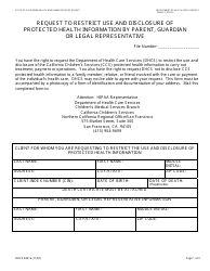 Document preview: Form DHCS6241A Request to Restrict Use and Disclosure of Protected Health Information by Parent, Guardian or Legal Representative (Northern California Regional Office/San Francisco) - City and County of San Francisco, California
