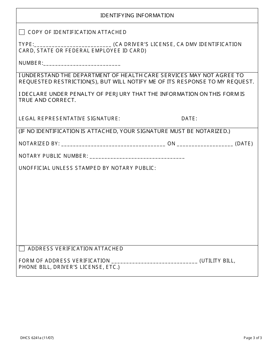 Form DHCS6241A Request to Restrict Use and Disclosure of Protected Health Information by Parent, Guardian or Legal Representative (Northern California Regional Office / San Francisco) - City and County of San Francisco, California, Page 3