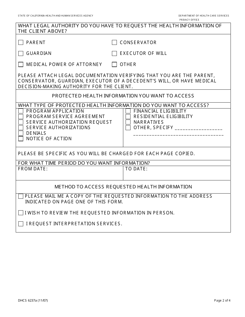 Form DHCS6237A Request to Access Protected Health Information by Parent, Guardian or Legal Representative (Southern California Regional Office) - City of Los Angeles, California, Page 2