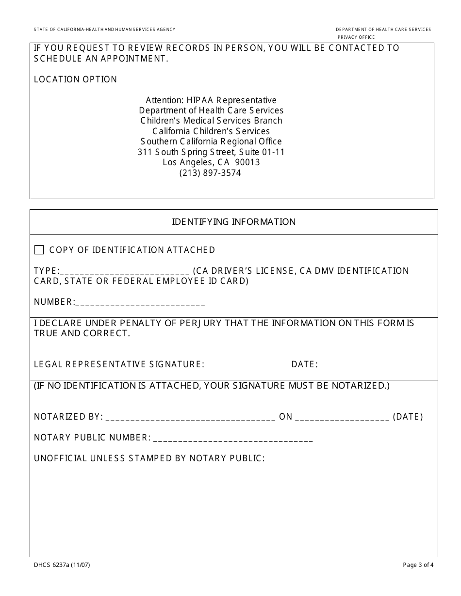 Form DHCS6237A Request to Access Protected Health Information by Parent, Guardian or Legal Representative (Southern California Regional Office) - City of Los Angeles, California, Page 3