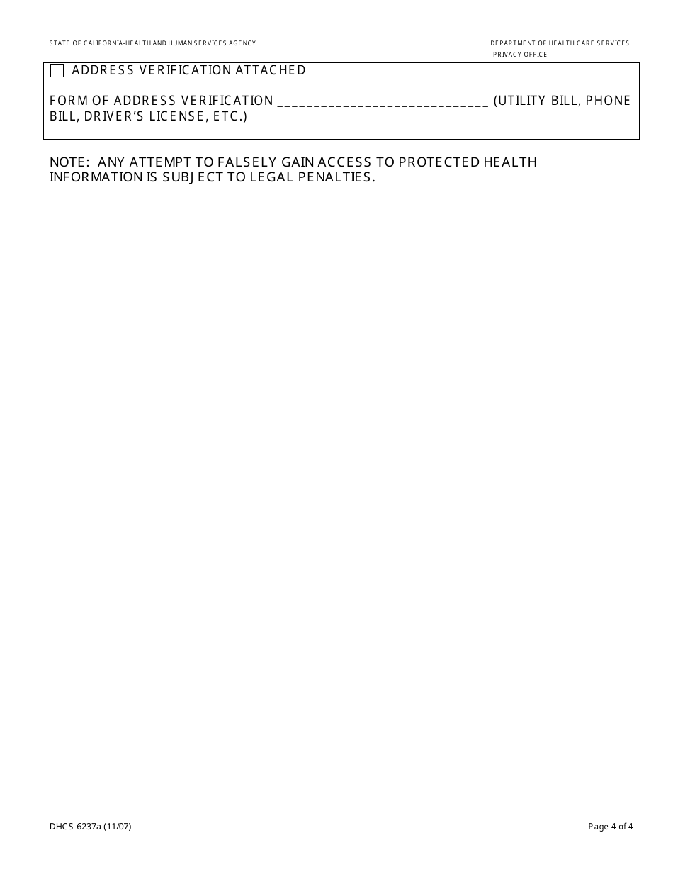 Form DHCS6237A Request to Access Protected Health Information by Parent, Guardian or Legal Representative (Southern California Regional Office) - City of Los Angeles, California, Page 4