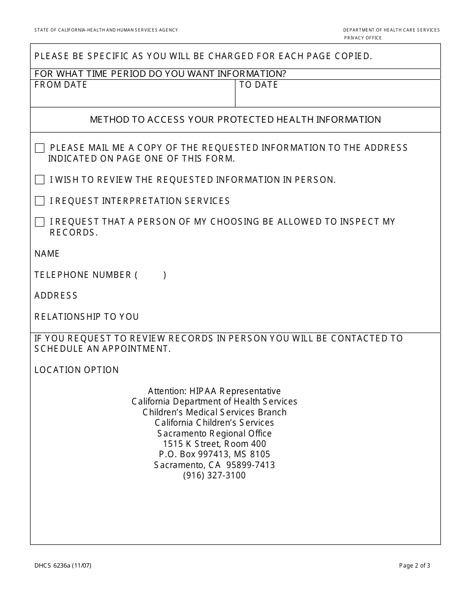 Form DHCS6236A Request for Access to Protected Health Information (Sacramento Regional Office) - City of Sacramento, California, Page 2