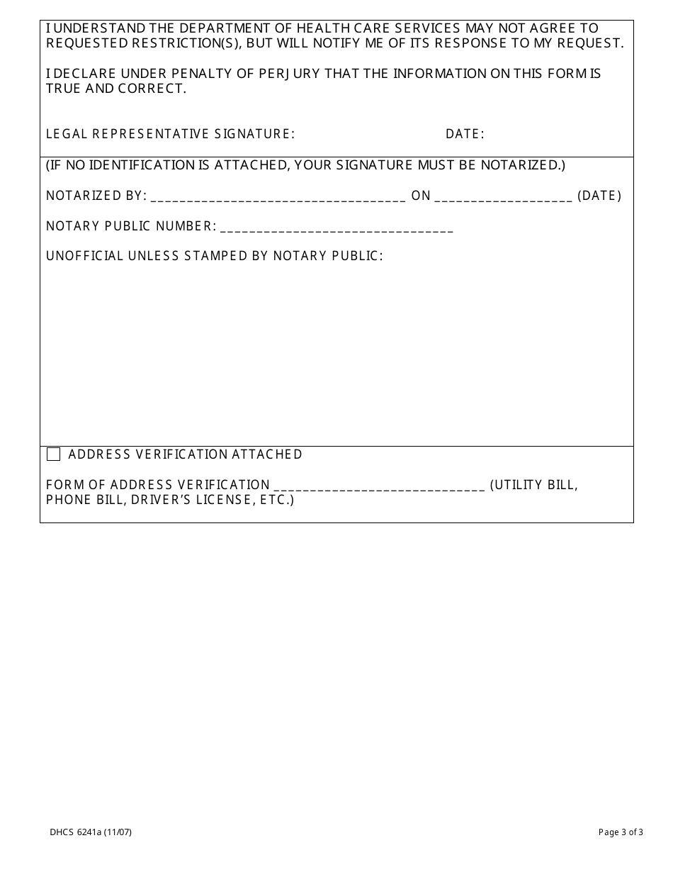 Form DHCS6241A Request to Restrict Use and Disclosure of Protected Health Information by Parent, Guardian or Legal Representative (Southern California Regional Office) - City of Los Angeles, California, Page 3