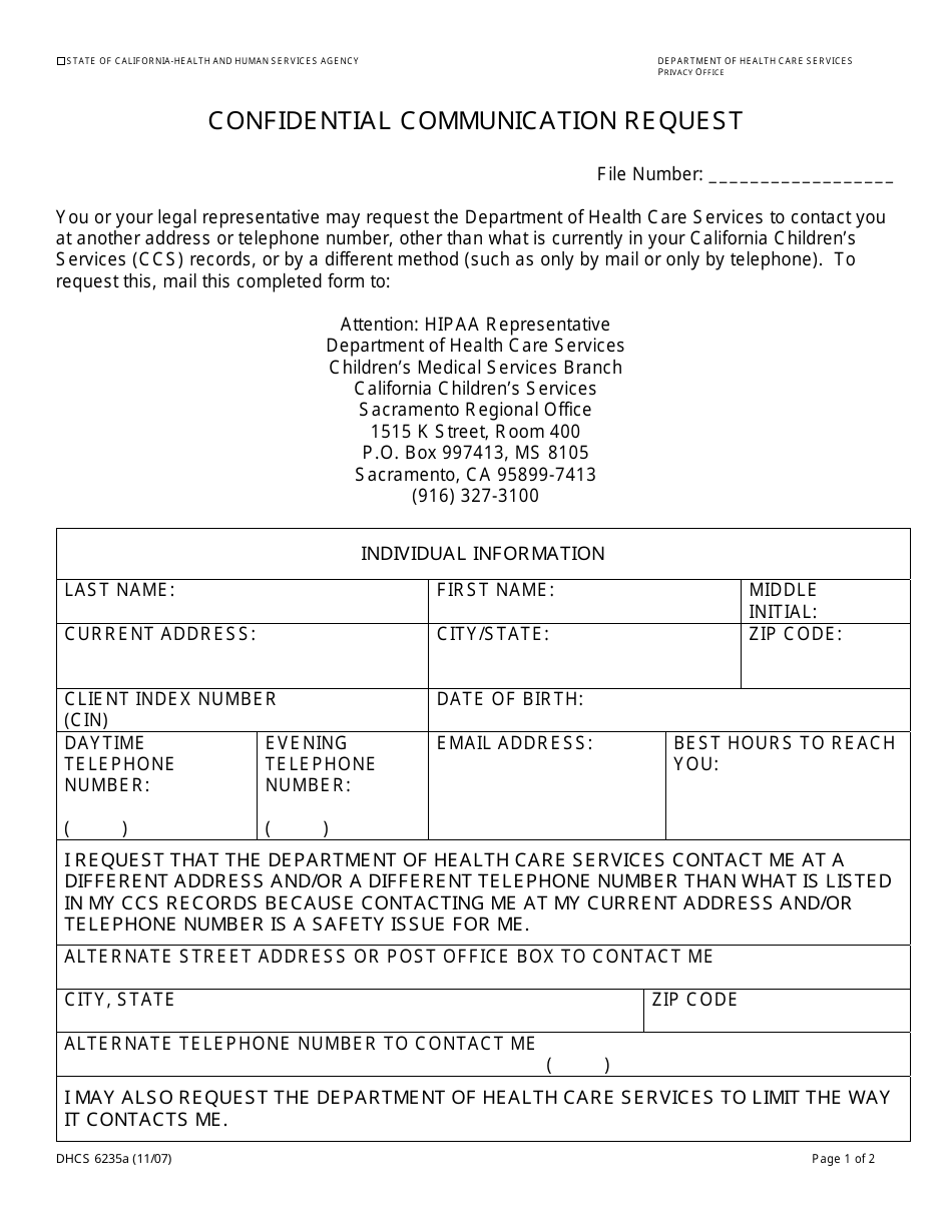 Form DHCS6235A Confidential Communication Request (Sacramento Regional Office) - City of Sacramento, California, Page 1