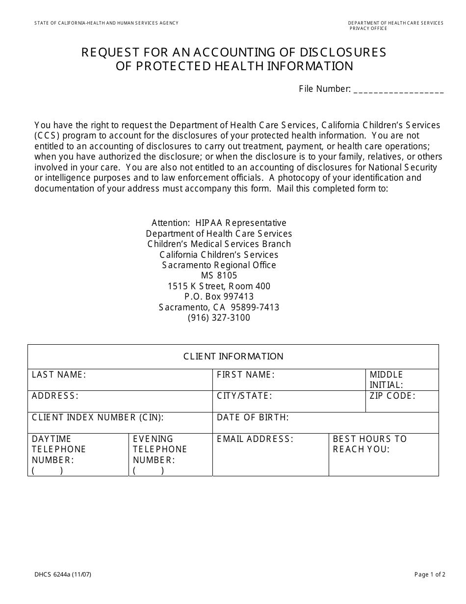 Form DHCS6244A Request for an Accounting of Disclosures of Protected Health Information (Sacramento Regional Office) - City of Sacramento, California, Page 1