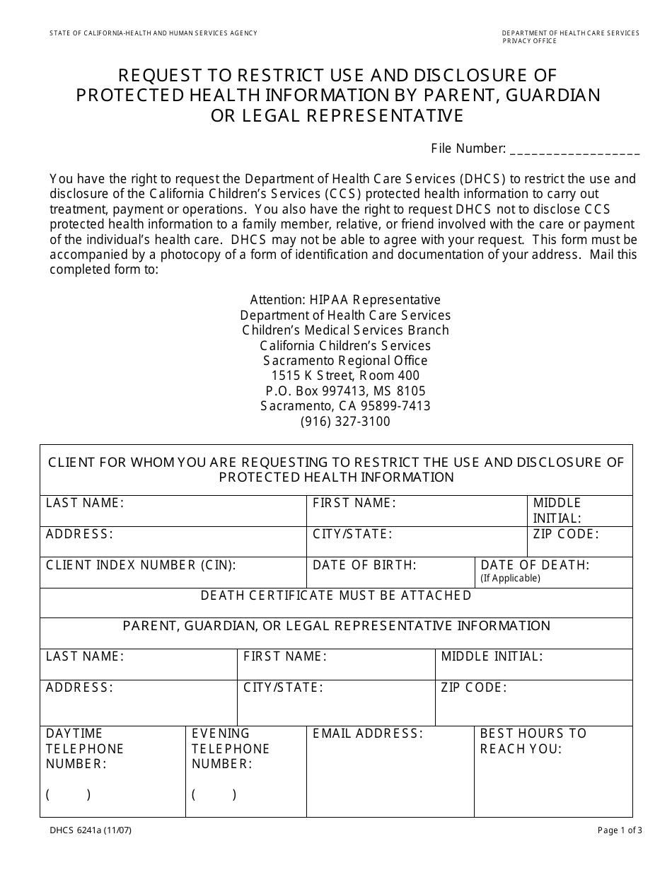 Form DHCS6241A - Fill Out, Sign Online and Download Fillable PDF, City ...