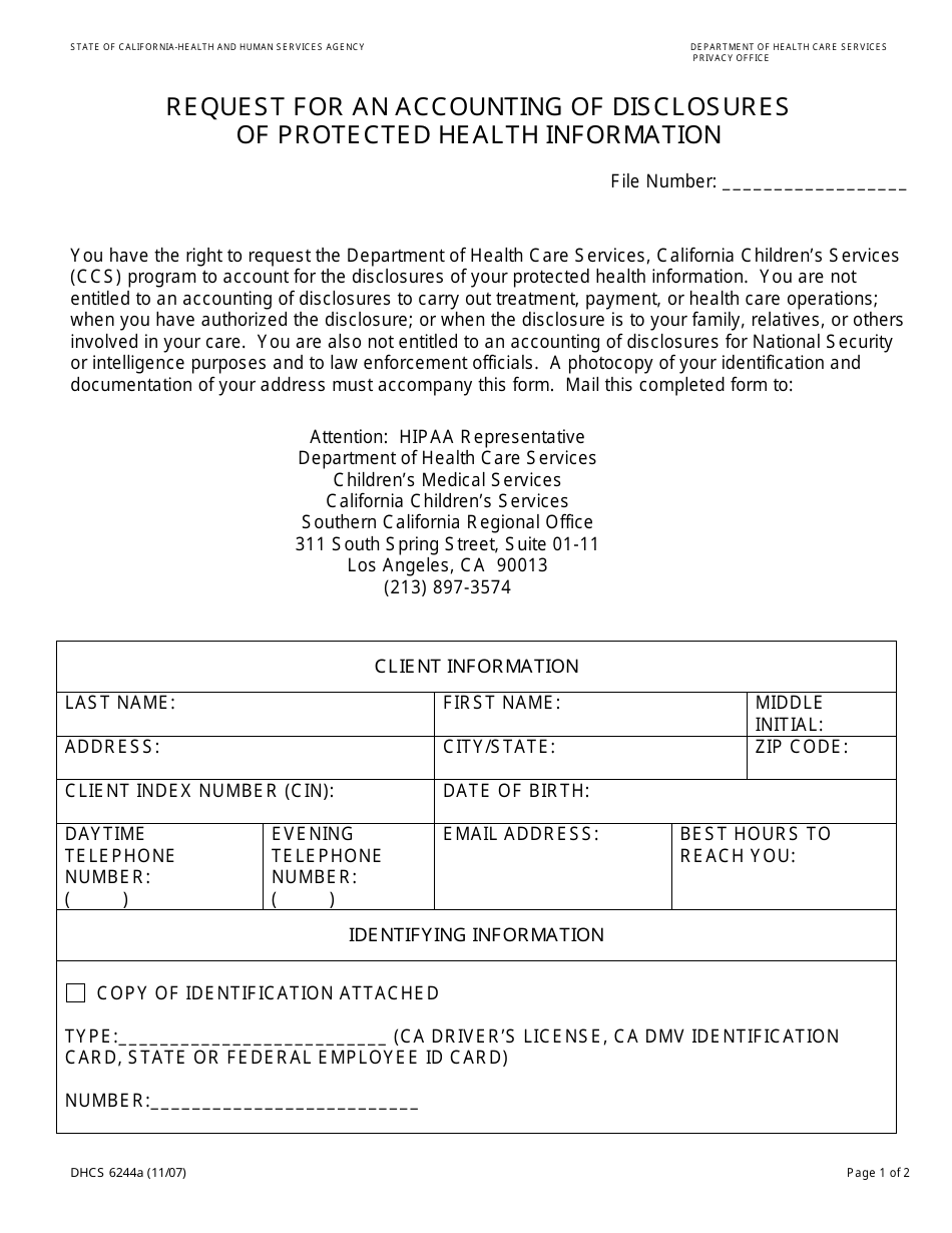 Form DHCS6244A Request for an Accounting of Disclosures of Protected Health Information (Southern California Regional Office) - City of Los Angeles, California, Page 1