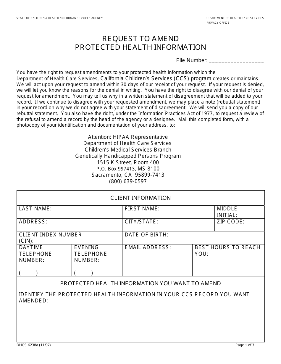 Form DHCS6238A Request to Amend Protected Health Information - Genetically Handicapped Persons Program - California, Page 1