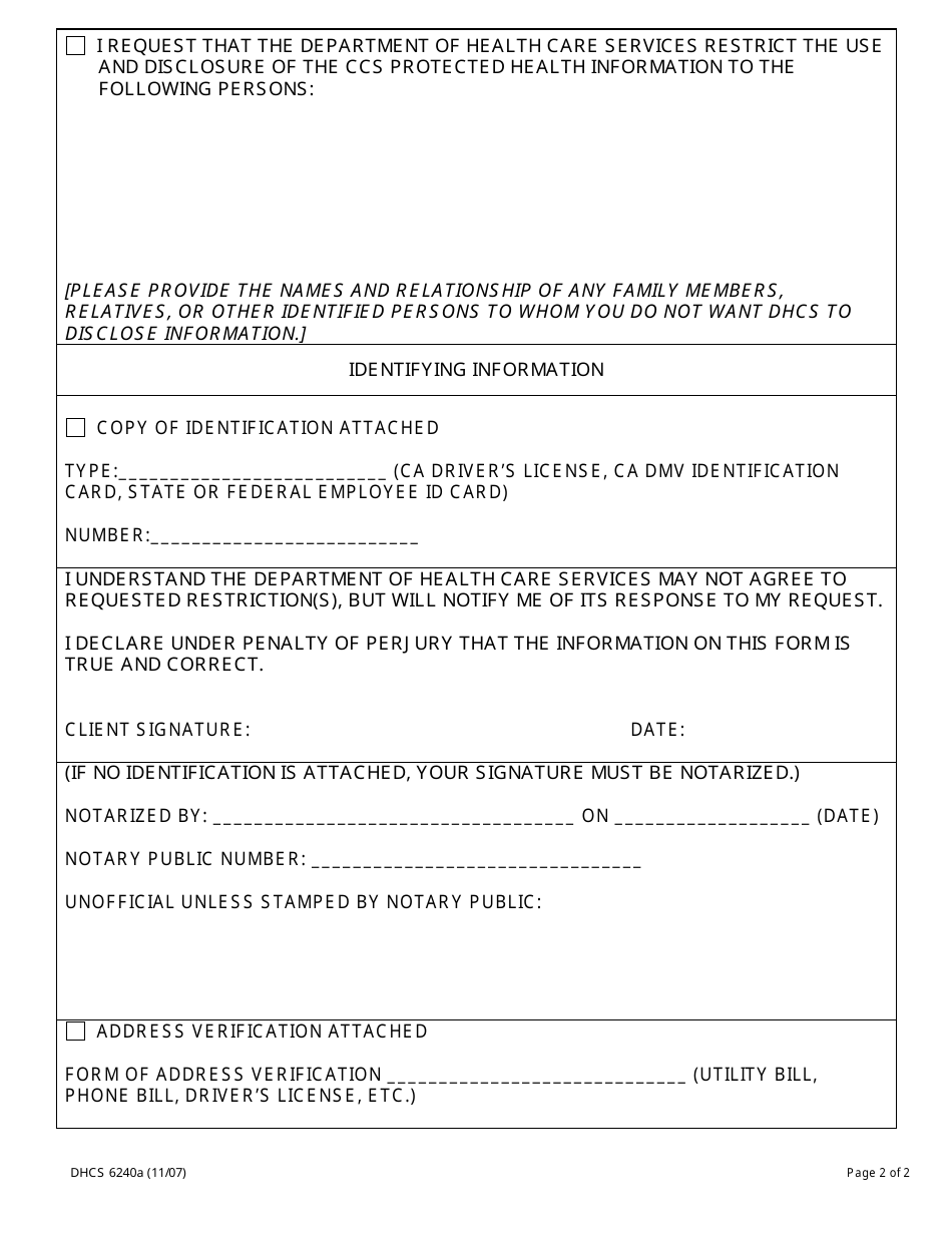 Form DHCS6240A Request to Restrict Use and Disclosure of Protected Health Information - Genetically Handicapped Persons Program - California, Page 2