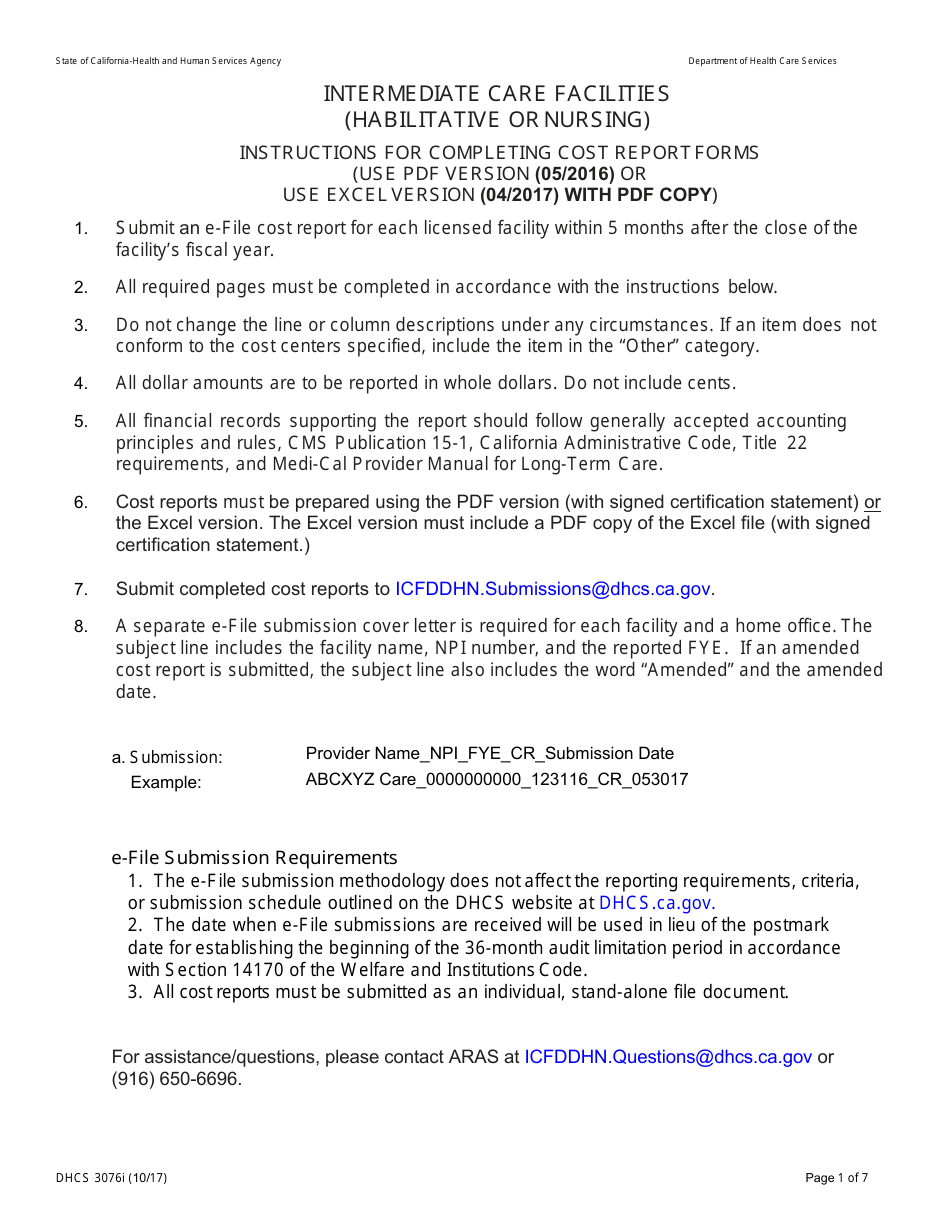 Instructions for Form DHCS3076 Supplemental Cost Report for Intermediate Care Facilities (Habilitative or Nursing) - California, Page 1