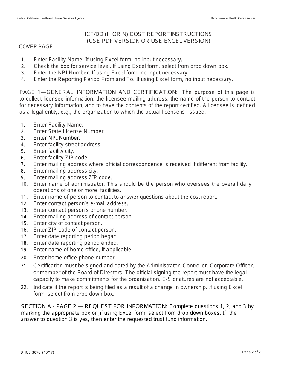Instructions for Form DHCS3076 Supplemental Cost Report for Intermediate Care Facilities (Habilitative or Nursing) - California, Page 2