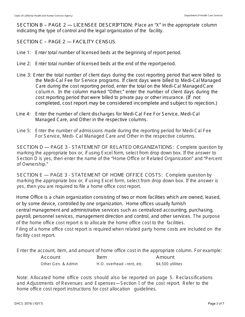Instructions for Form DHCS3076 Supplemental Cost Report for Intermediate Care Facilities (Habilitative or Nursing) - California, Page 3