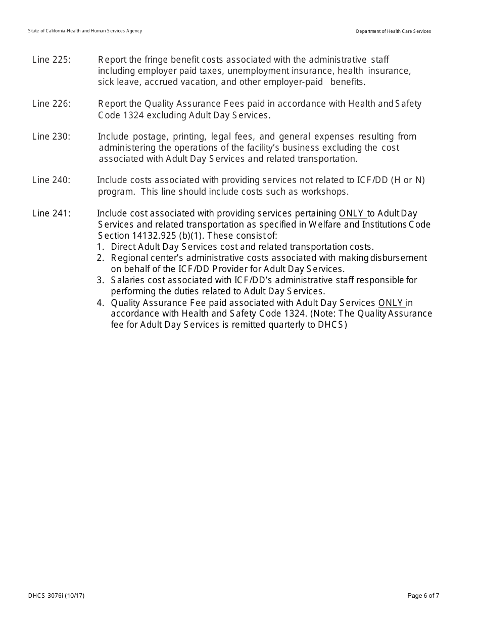 Instructions for Form DHCS3076 Supplemental Cost Report for Intermediate Care Facilities (Habilitative or Nursing) - California, Page 6