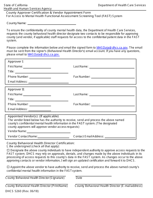Form DHCS5260 Fast County Approver Certification & Vendor Appointment Form - California