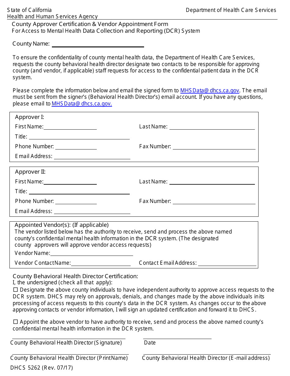 Form DHCS5262 Dcr County Approver Certification and Vendor Appointment Form - California, Page 1