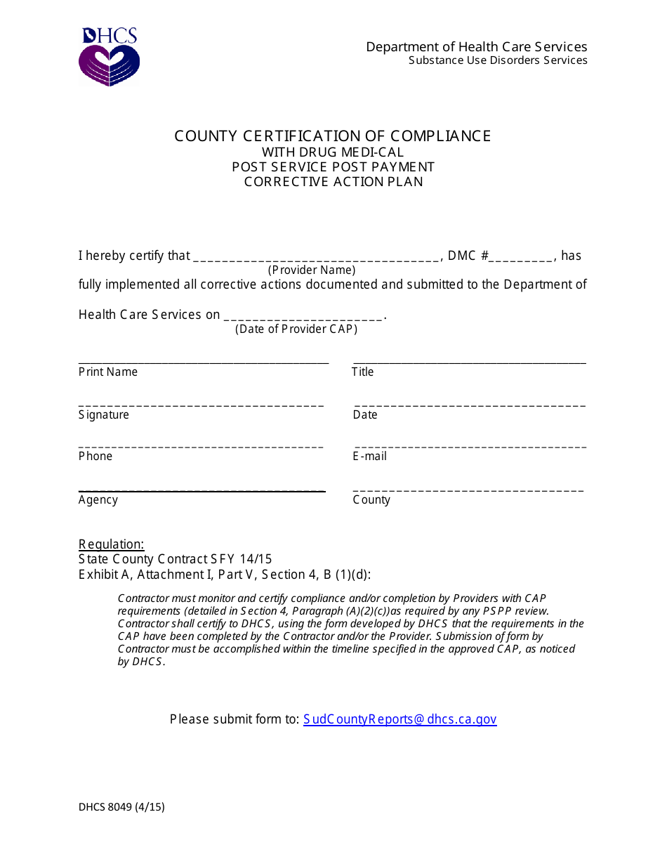 Form DHCS8049 - Fill Out, Sign Online and Download Fillable PDF ...