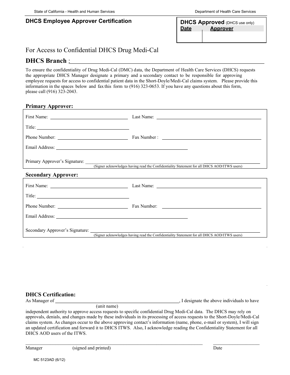 Form MC5123AD Dhcs Employee Approver Certification - California, Page 1