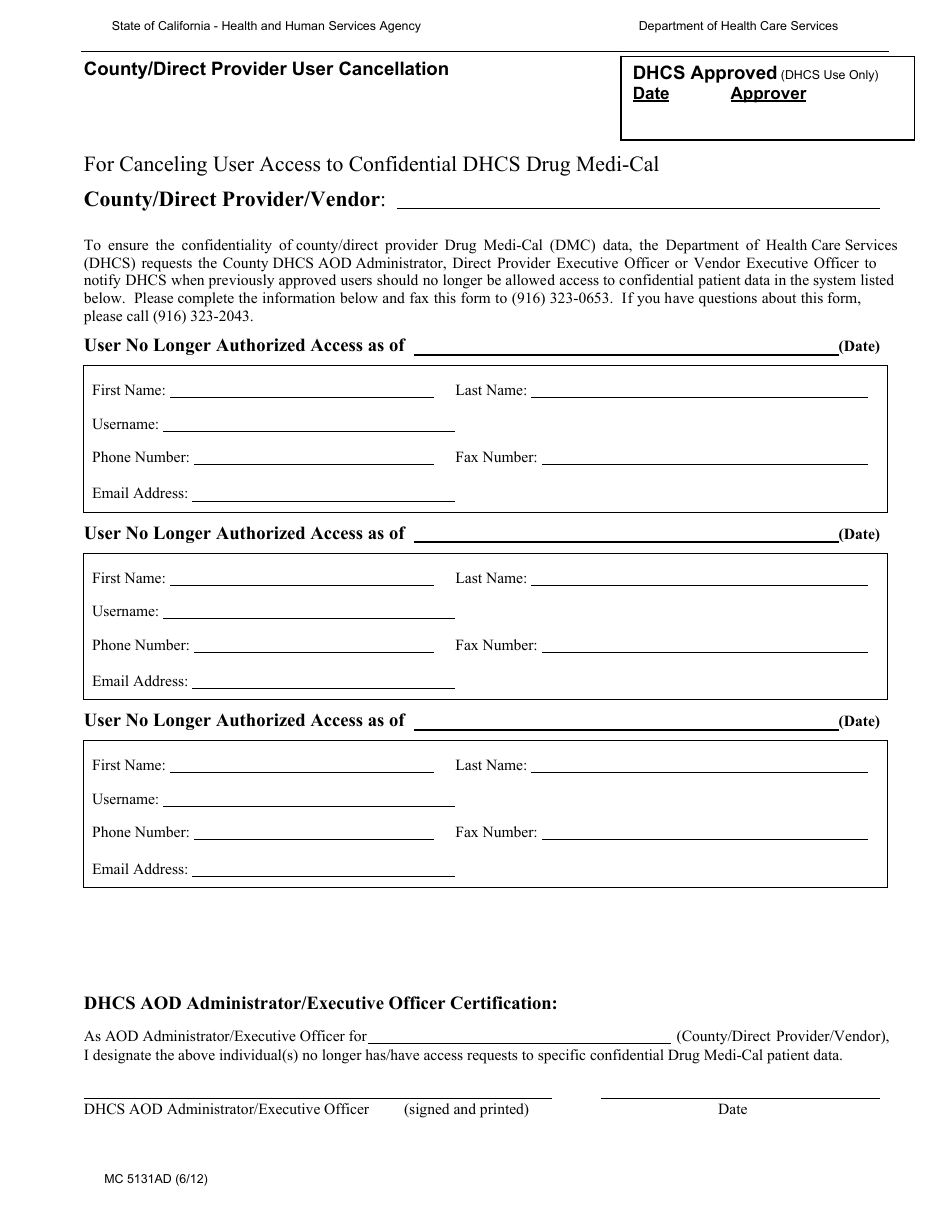 Form MC5131AD County / Direct Provider User Cancellation - California, Page 1