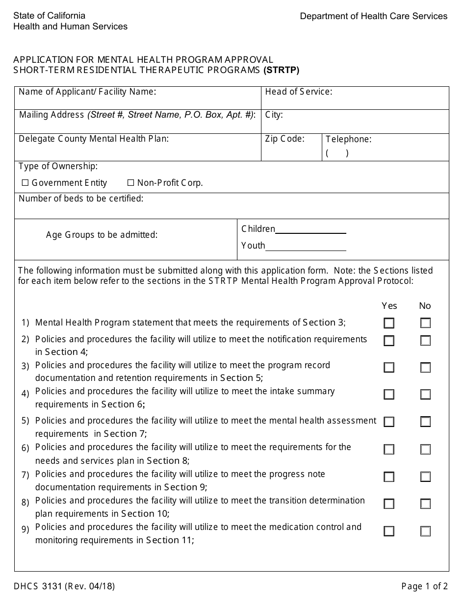 Form Dhcs3131 Download Fillable Pdf Or Fill Online Application For Mental Health Program 7336