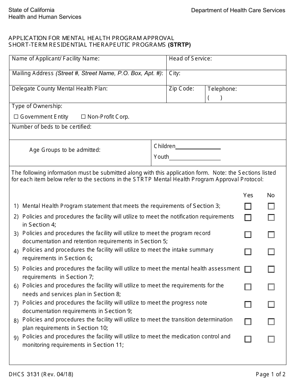 Form DHCS3131 Application for Mental Health Program Approval Short-Term Residential Therapeutic Programs (Strtp) - California, Page 1