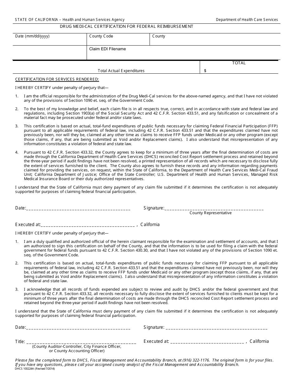 Form DHCS100224A Drug Medi-Cal Certification for Federal Reimbursement - California, Page 1