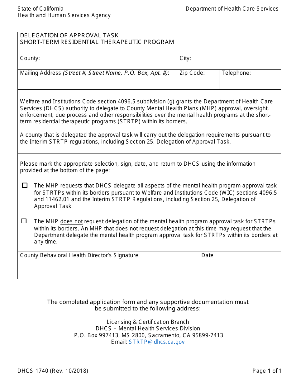 Form DHCS1740 Delegation of Approval Task Short-Term Residential Therapeutic Program - California, Page 1